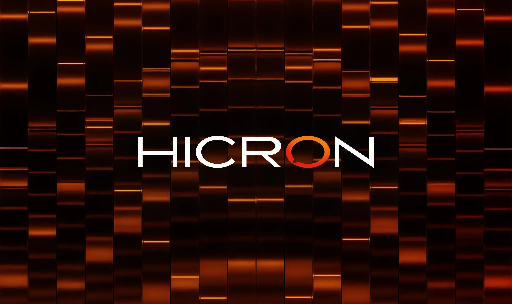 The Hicron wordmark in white against a deep orange-toned 3D rendered background of stacked glass tiles. The "O" in Hicron features a red-to-orange gradient circle accent.